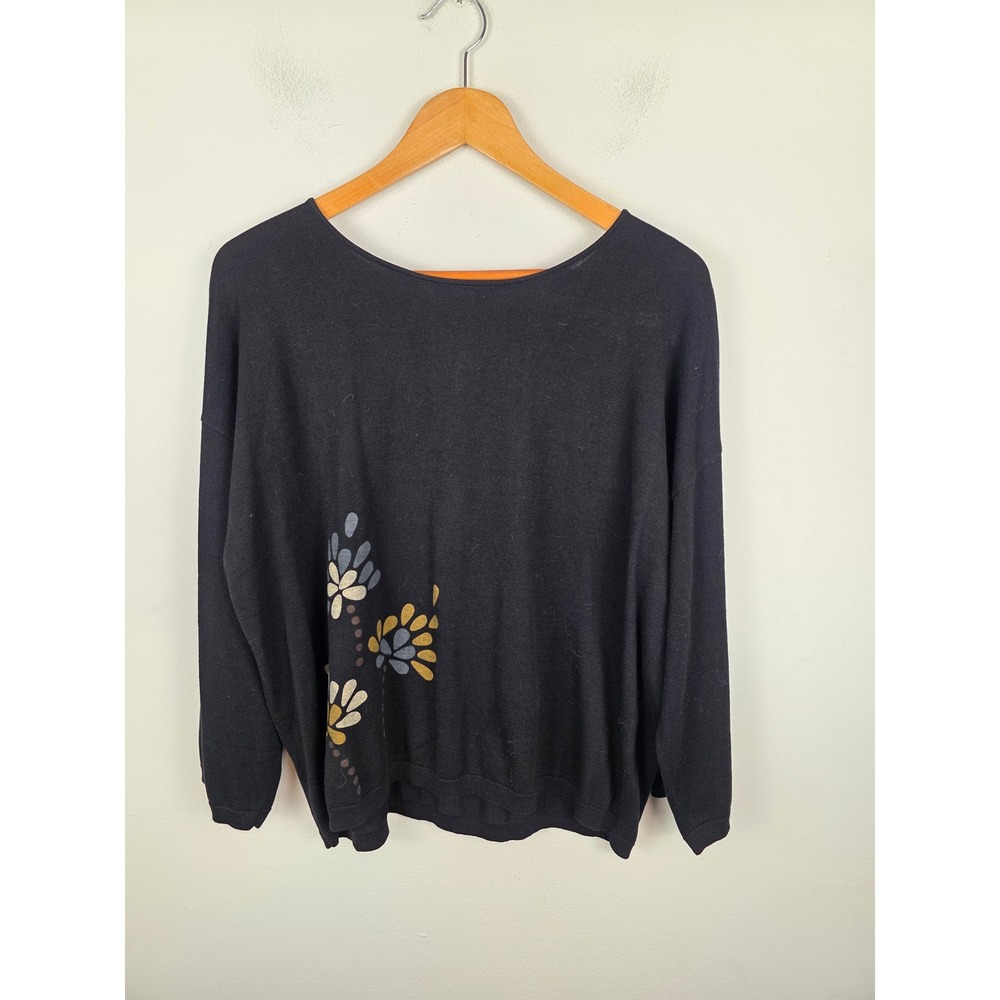 Gudrun Sjoden Black Floral Cotton Knit Sweater Relaxed Fit Large Lagenlook
